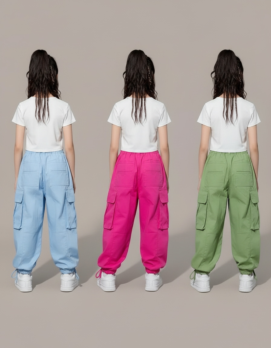 Pantalon Parachute Fluide Ample Cargo Fille Style Coréen - Bleu Polyester - vue 2
