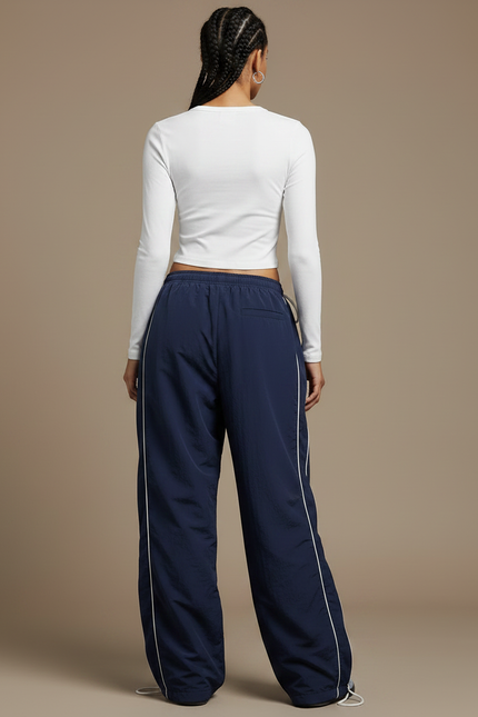 Pantalon Parachute Bleu Marine Ample Décontracté Rayé - Polyester - vue 2