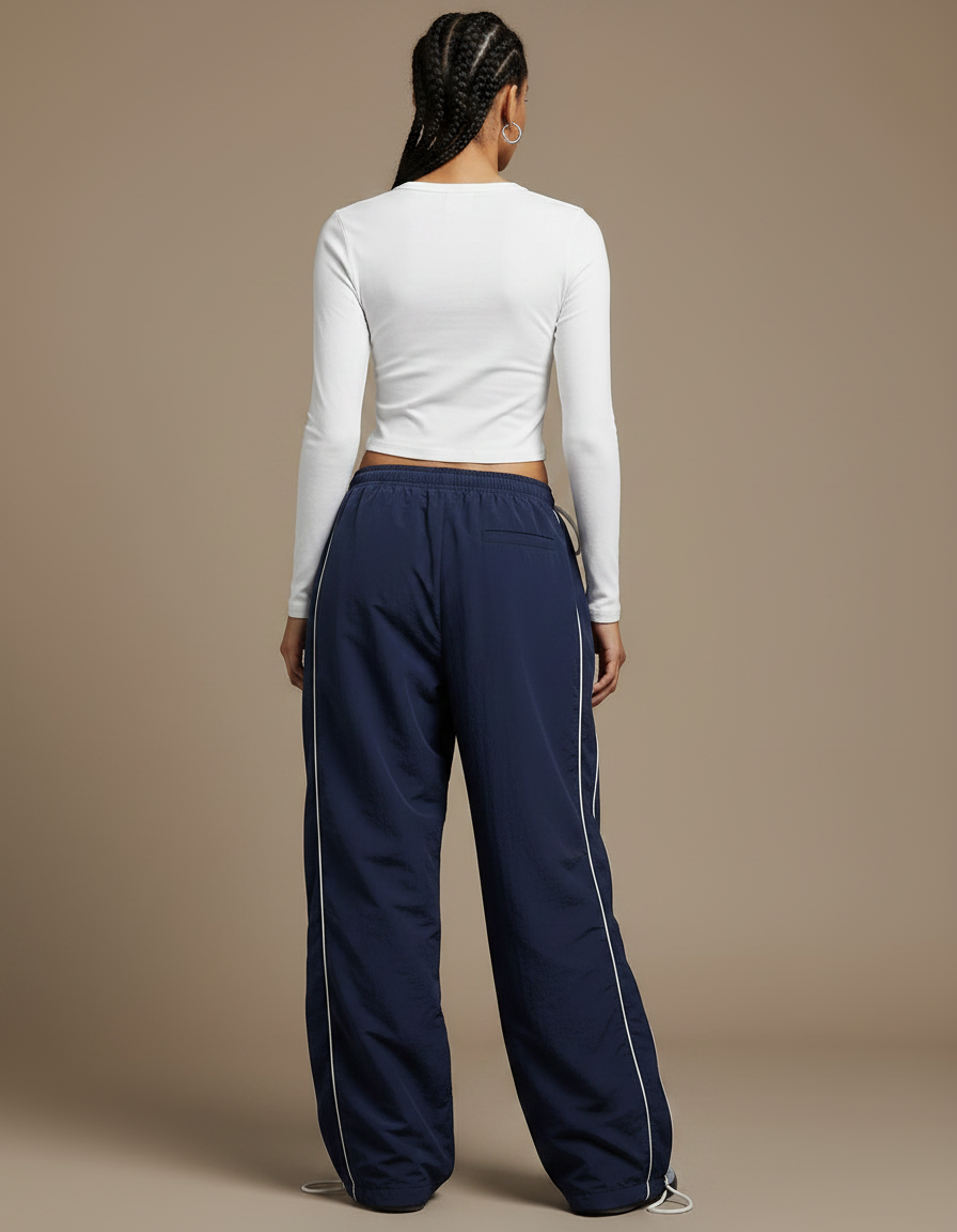 Pantalon Parachute Bleu Marine Ample Décontracté Rayé - Polyester - vue 2