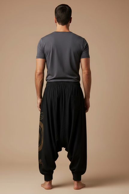 Pantalon Parachute Noir Ample Bohème Brodé Homme - Coton - vue 2