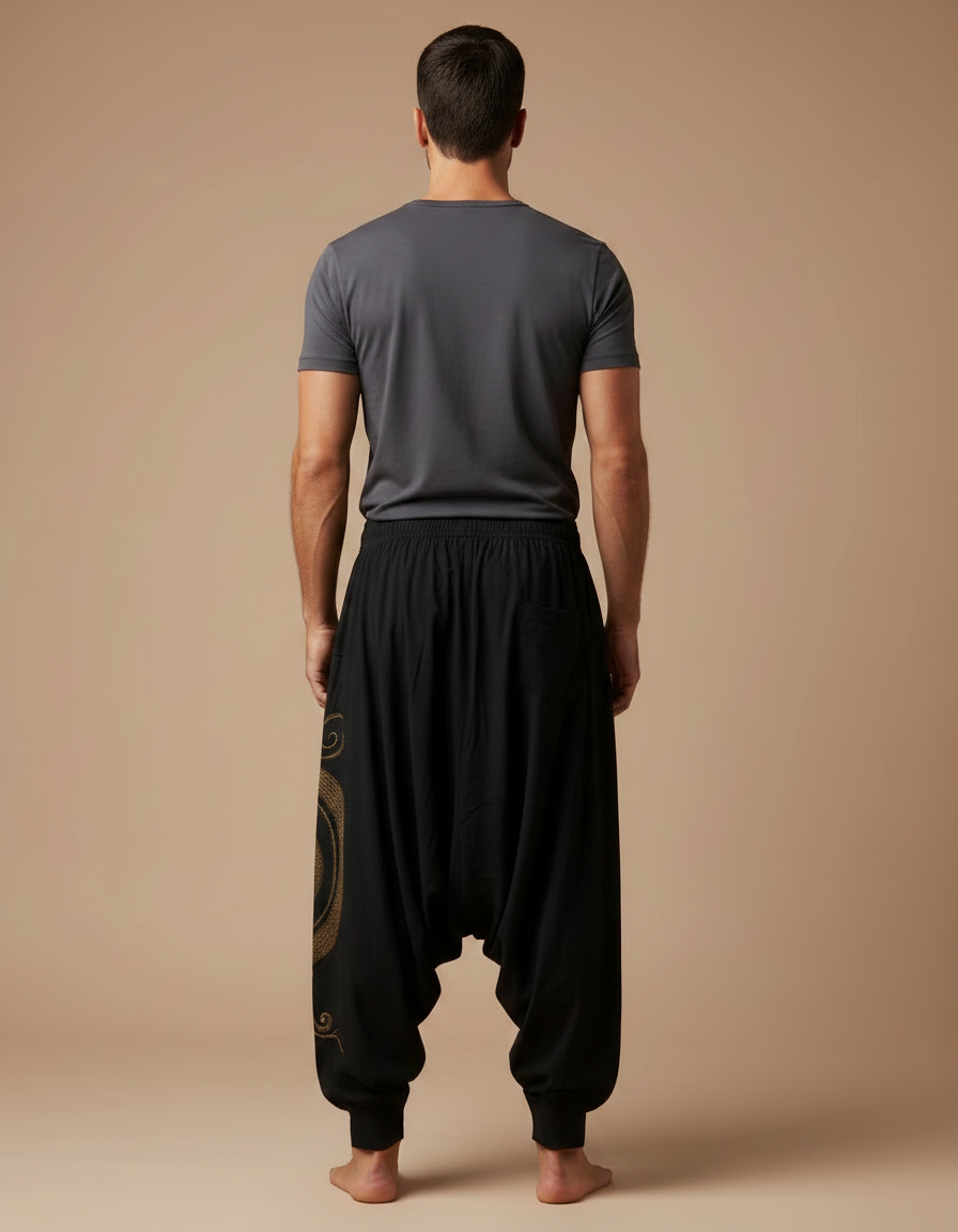Pantalon Parachute Noir Ample Bohème Brodé Homme - Coton - vue 2