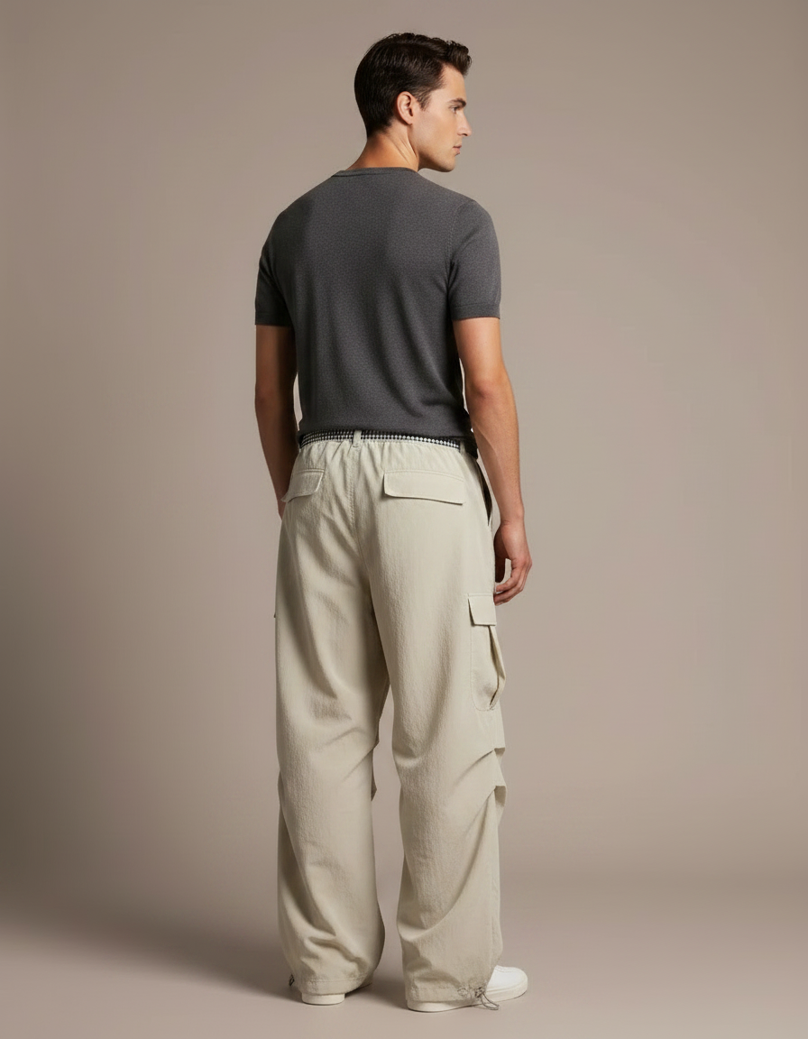 Pantalon Parachute Beige Ample Cargo Homme Décontracté - Polyester - vue 2