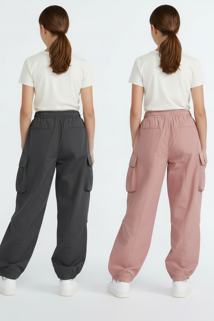 Pantalon Parachute Cargo Ample Fille Coton Rose Gris - vue 2