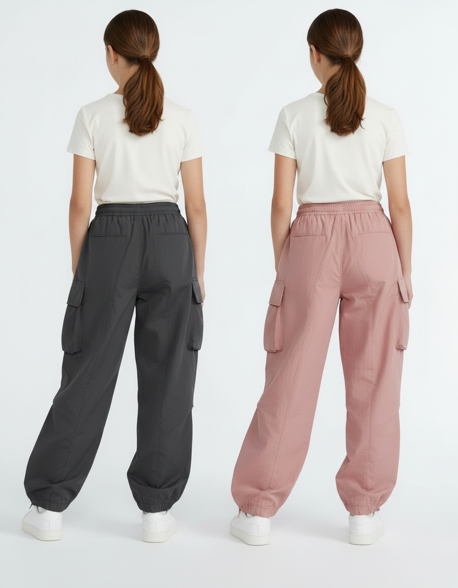 Pantalon Parachute Cargo Ample Fille Coton Rose Gris - vue 2