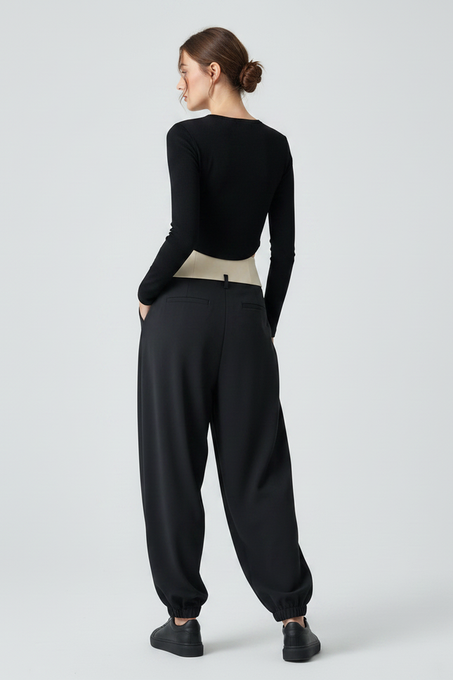 Pantalon Parachute Noir Fluide Drapé Taille Haute - Polyester - vue 2