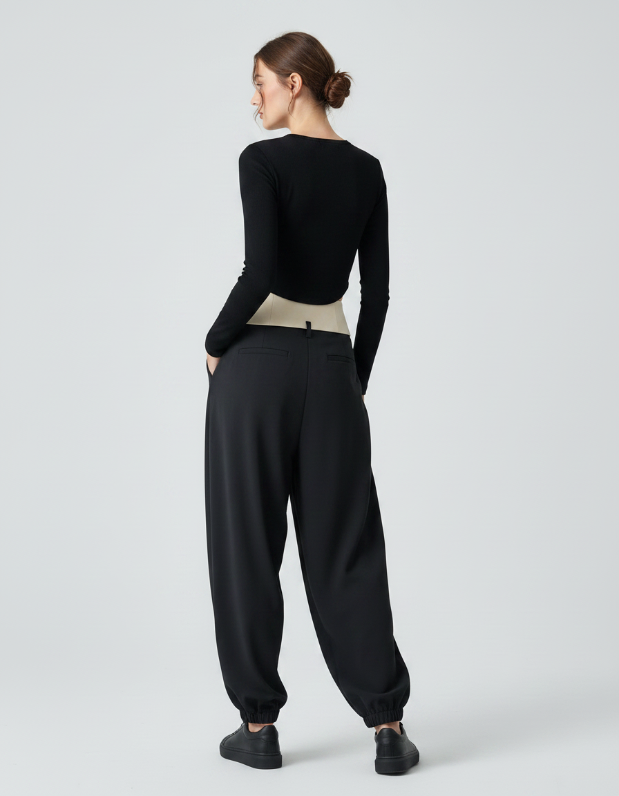 Pantalon Parachute Noir Fluide Drapé Taille Haute - Polyester - vue 2