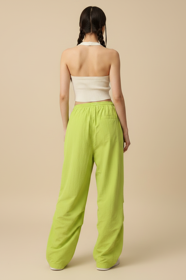 Pantalon Parachute Vert Citron Ample Fluide Cordon - Polyester - vue 2