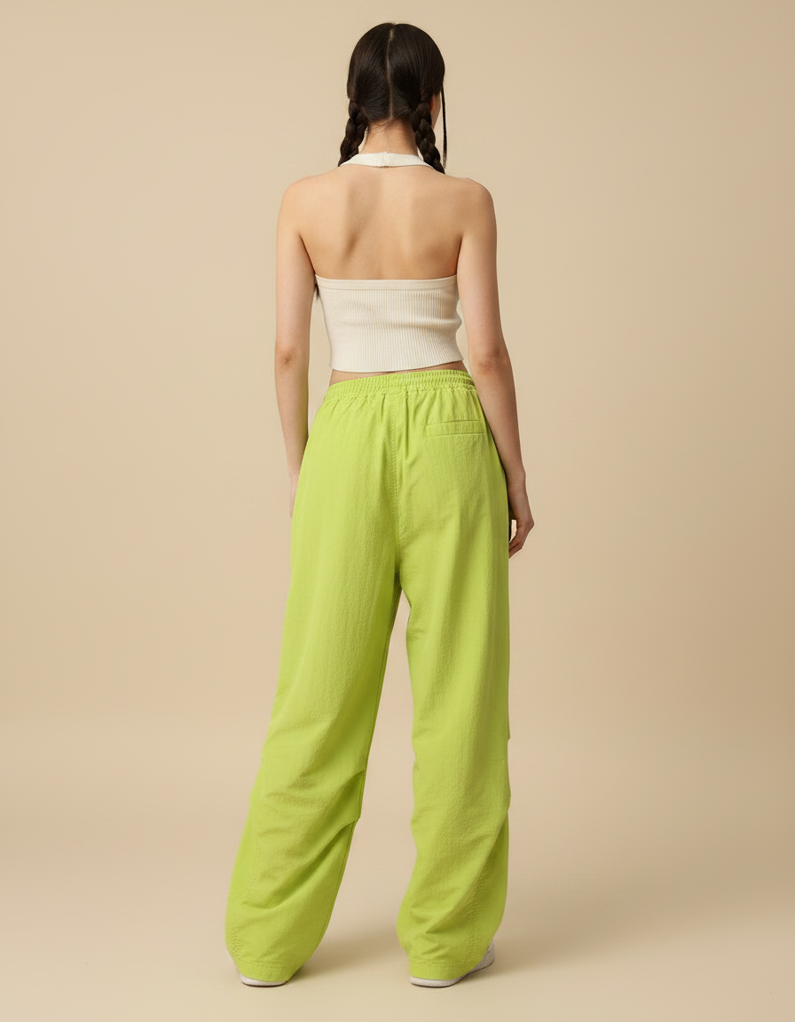Pantalon Parachute Vert Citron Ample Fluide Cordon - Polyester - vue 2