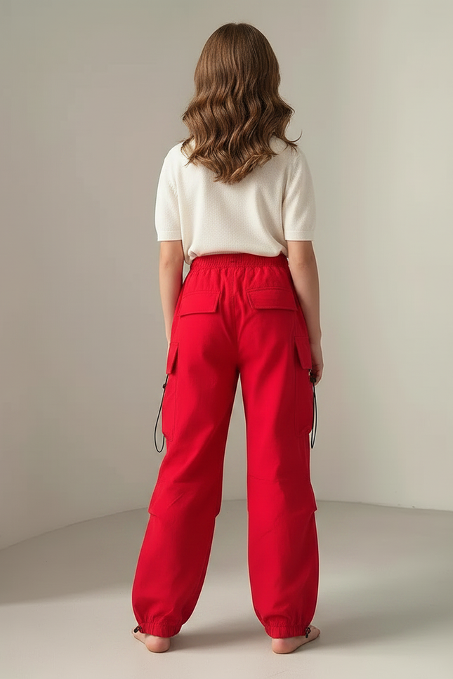 Pantalon Parachute Rouge Ample Fille Cargo Cordon - Polyester - vue 2