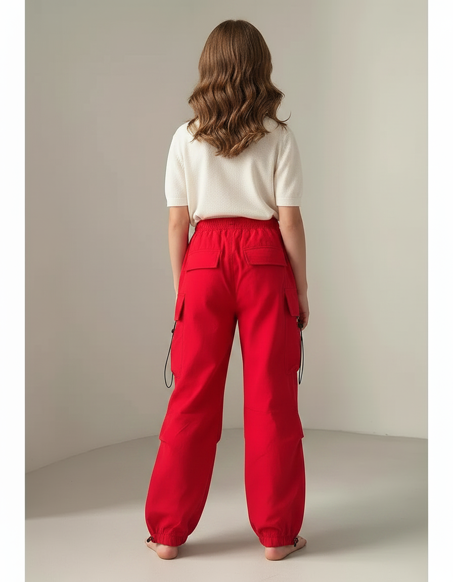 Pantalon Parachute Rouge Ample Fille Cargo Cordon - Polyester - vue 2