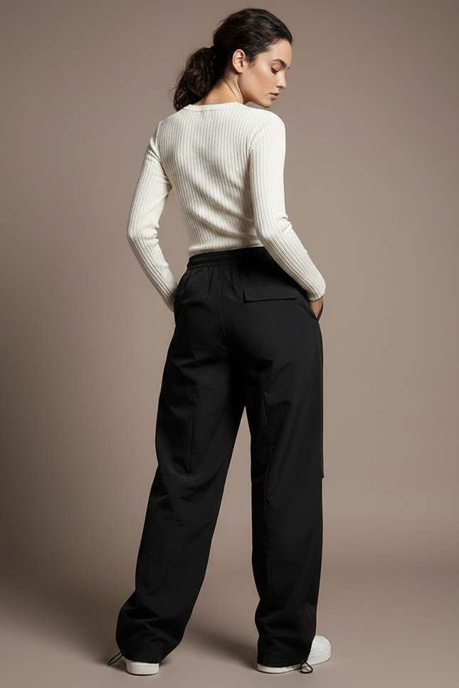 Pantalon Parachute Noir Ample Fluide Décontracté Femme Cordon - Polyester - vue 2