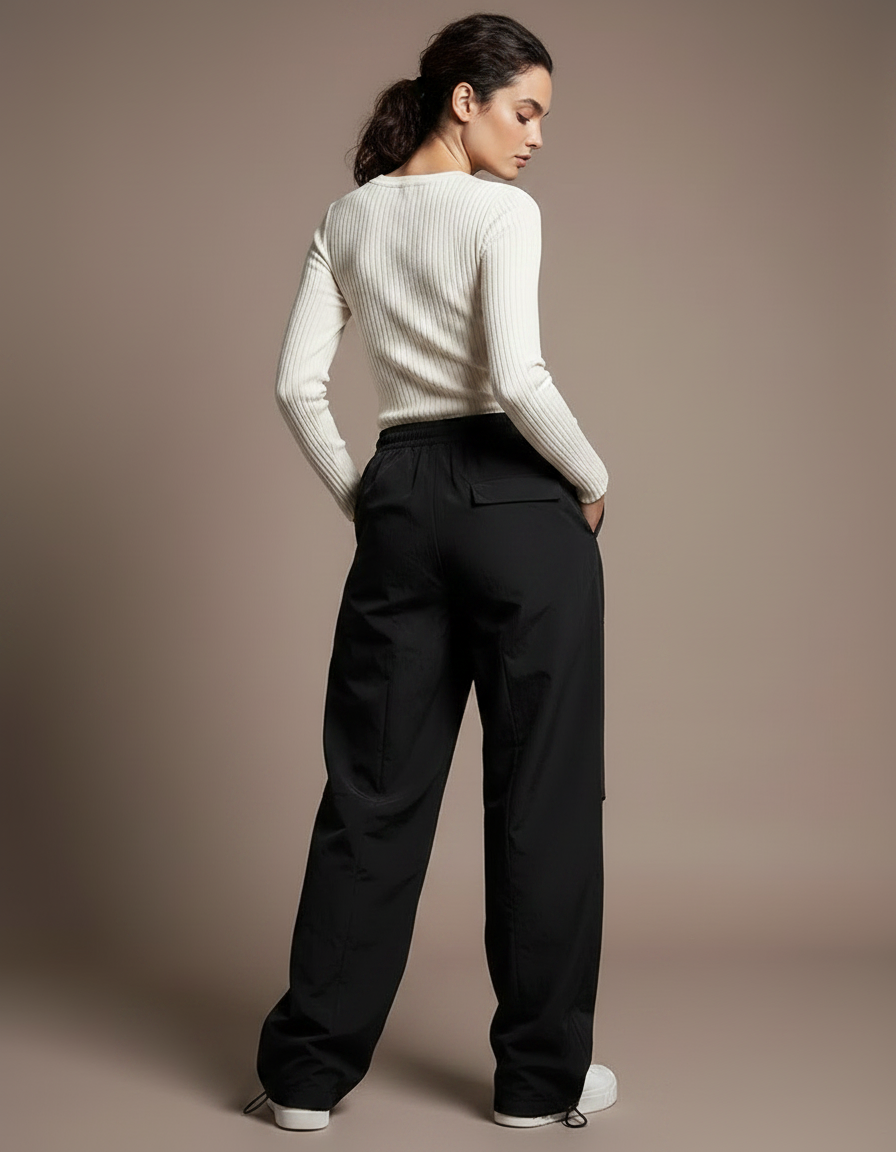 Pantalon Parachute Noir Ample Fluide Décontracté Femme Cordon - Polyester - vue 2