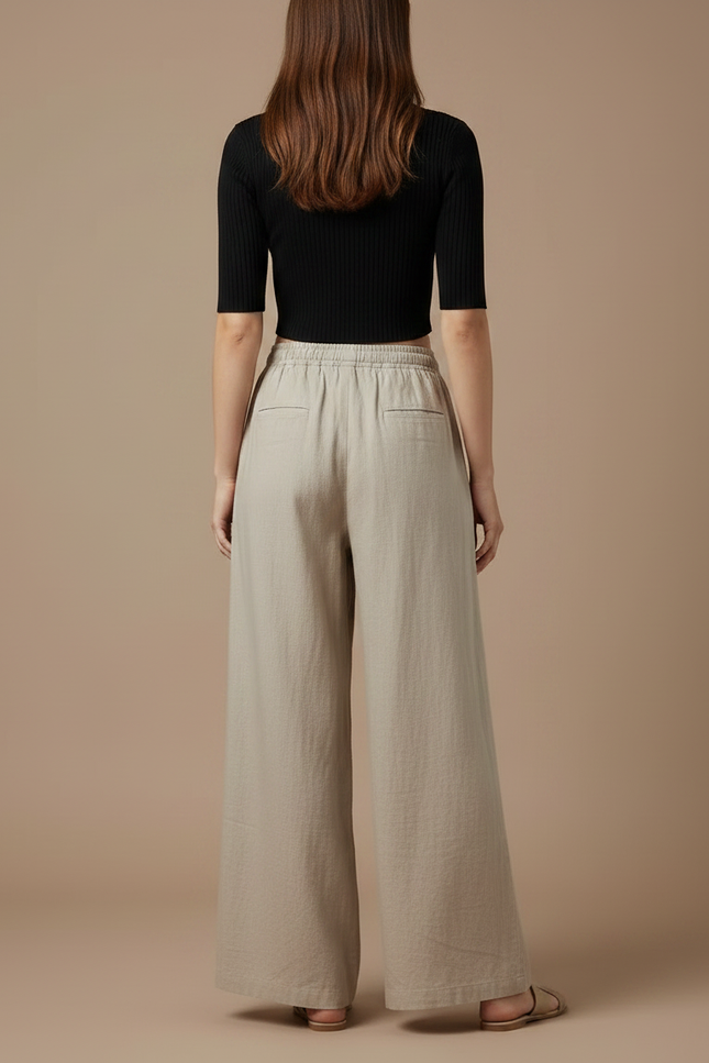 Pantalon Parachute Beige Lin Ample Décontracté Fluide Femme - vue 2