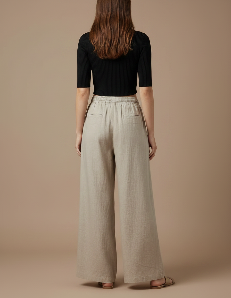 Pantalon Parachute Beige Lin Ample Décontracté Fluide Femme - vue 2