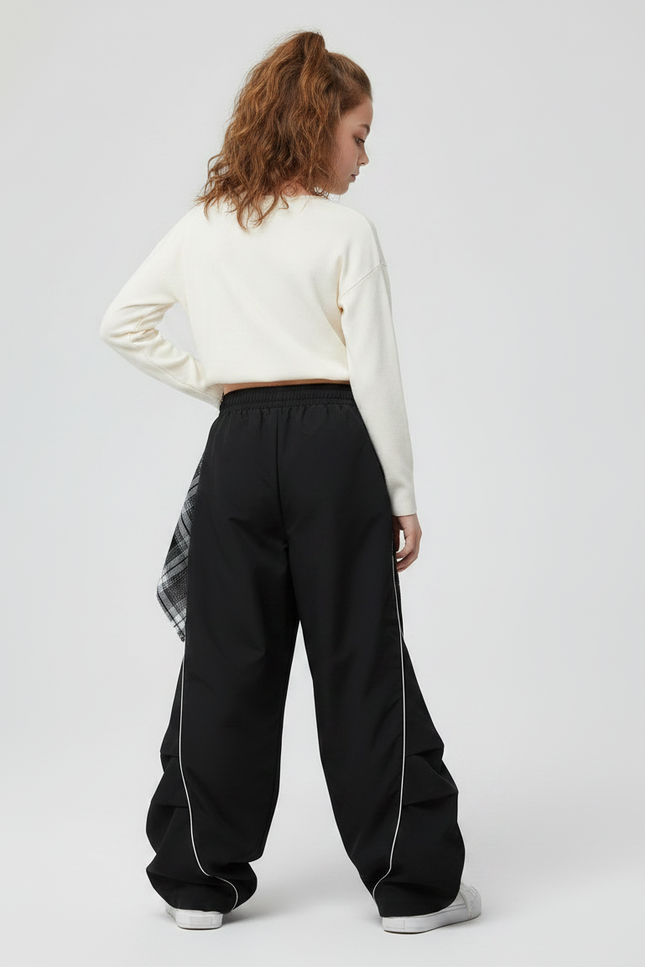 Pantalon Parachute Noir Ample Ligne Blanche Fille - Polyester - vue 2