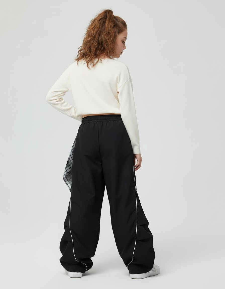 Pantalon Parachute Noir Ample Ligne Blanche Fille - Polyester - vue 2