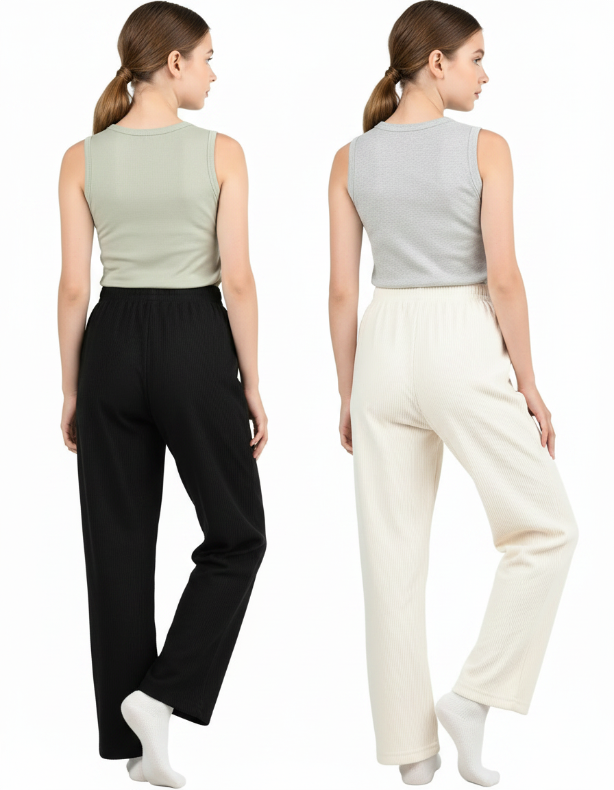 Pantalon Parachute Côtelé Ample Confortable Fille Décontracté - Noir Cordé - vue 2