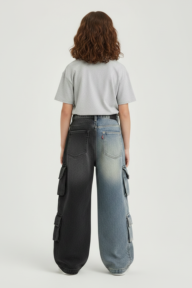 Pantalon Parachute Bicolore Denim Cargo Ample Enfant - Multicolore Jean - vue 2