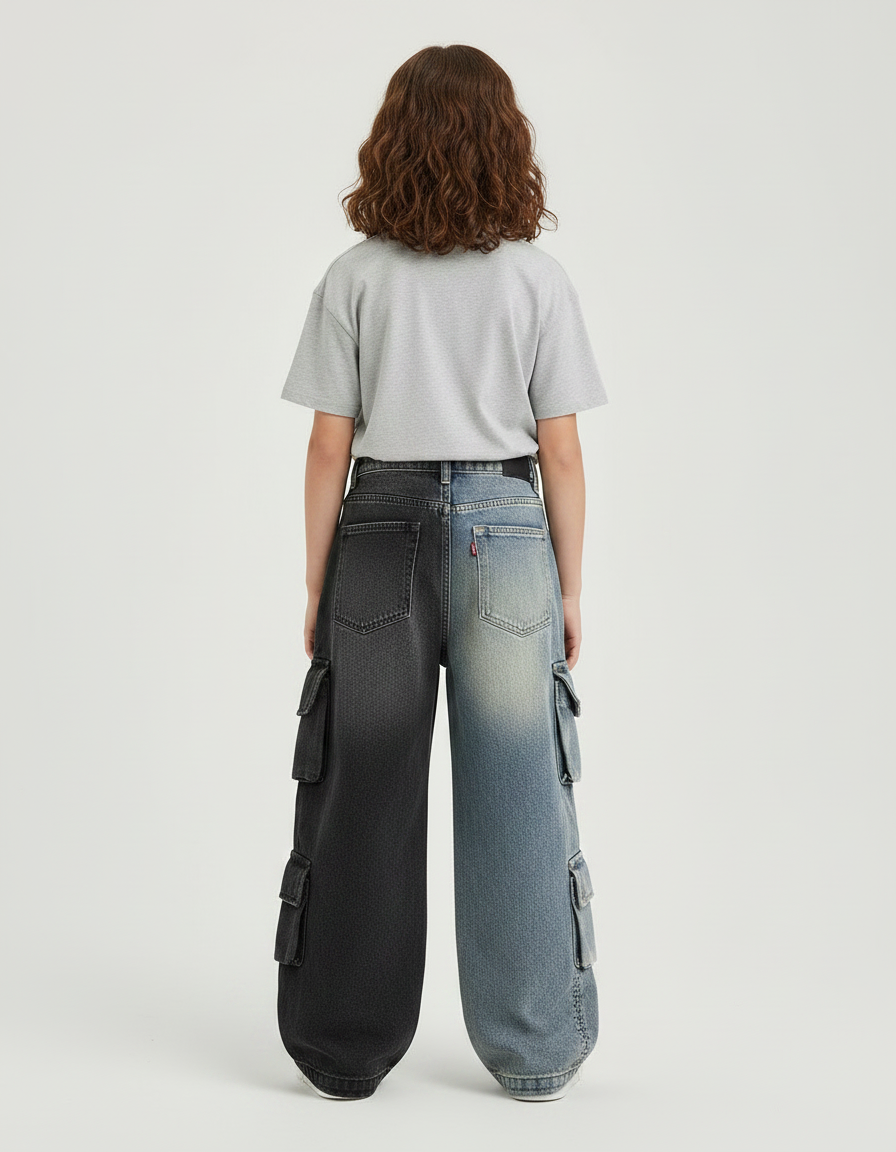 Pantalon Parachute Bicolore Denim Cargo Ample Enfant - Multicolore Jean - vue 2