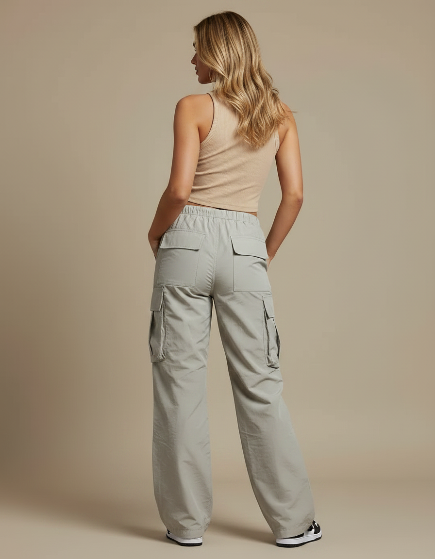 Pantalon Parachute Gris Ample Cargo Fluide Cordon - Polyester - vue 2