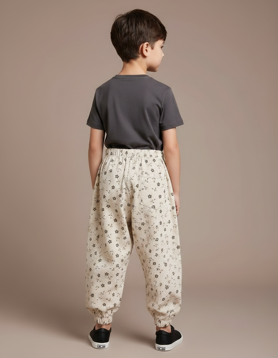 Pantalon Parachute Beige Côtelé Fleuri Ample Enfant - Cordé - vue 2