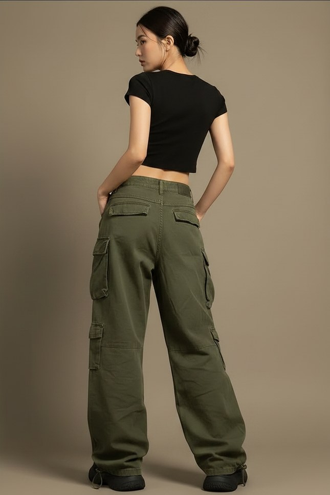 Pantalon Parachute Vert Militaire Cargo Ample Multi-poches - Kaki Toile - vue 2