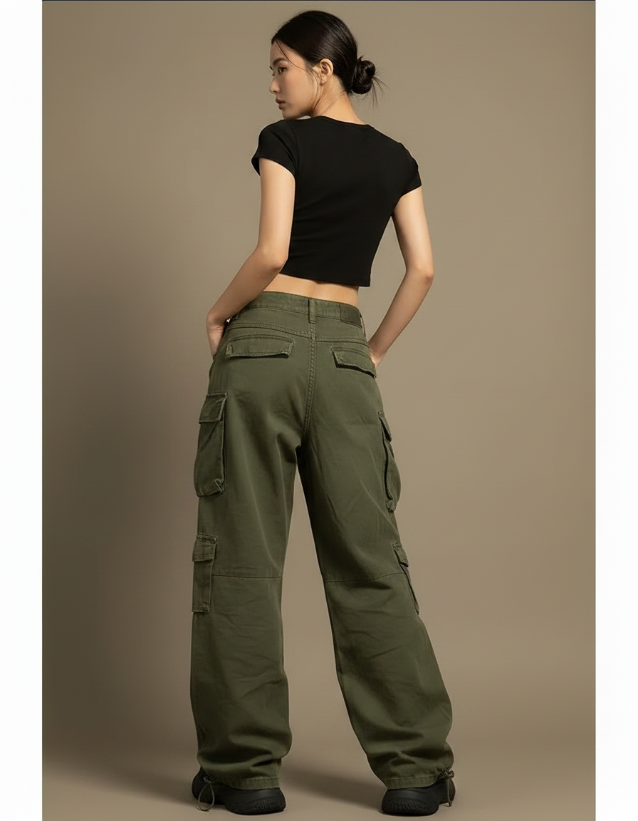 Pantalon Parachute Vert Militaire Cargo Ample Multi-poches - Kaki Toile - vue 2