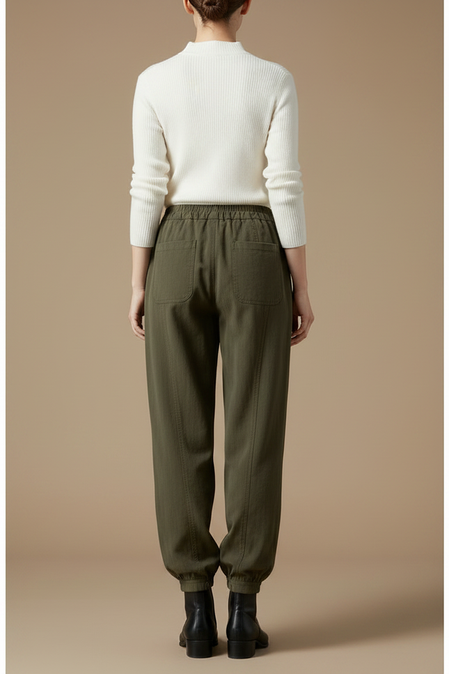 Pantalon Parachute Vert Ample Fluide Taille Élastique Femme - Kaki Viscose - vue 2