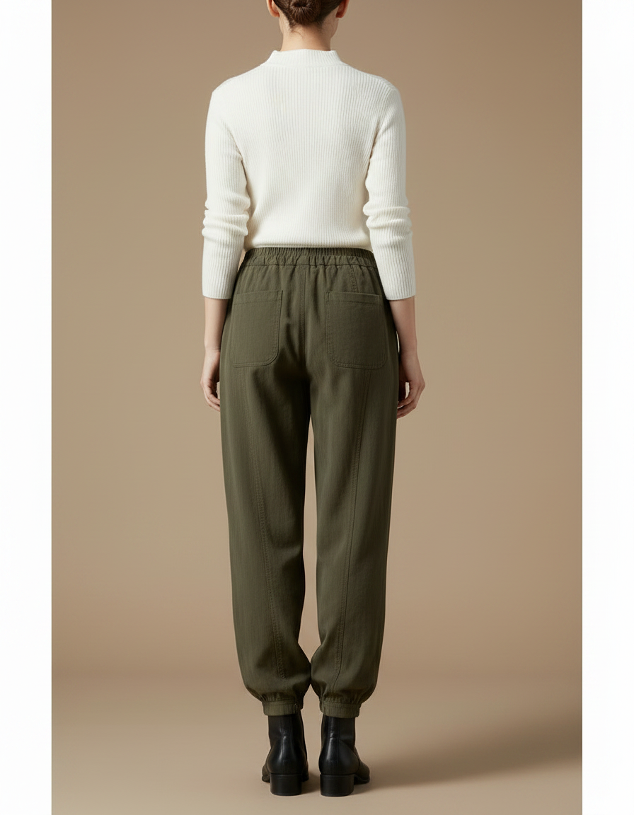 Pantalon Parachute Vert Ample Fluide Taille Élastique Femme - Kaki Viscose - vue 2