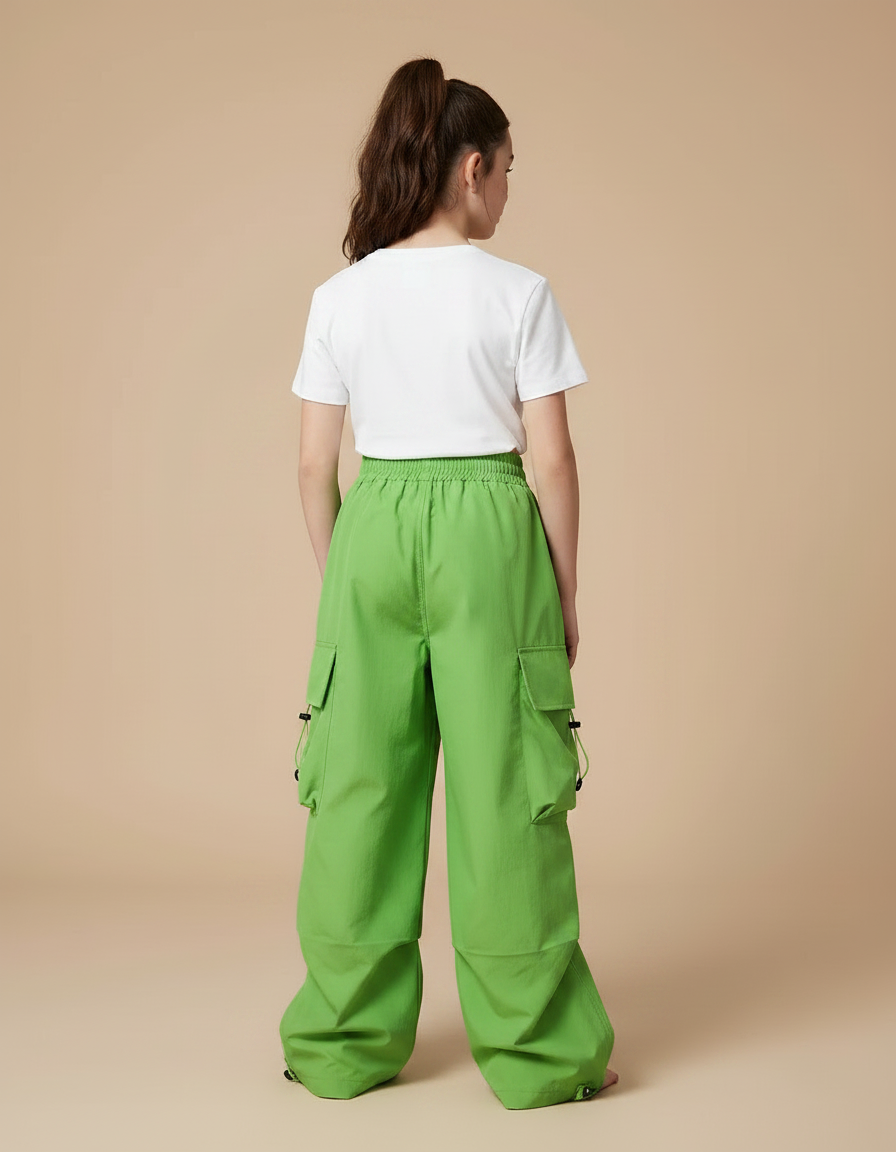 Pantalon Parachute Vert Ample Cargo Fille Décontracté - Polyester - vue 2