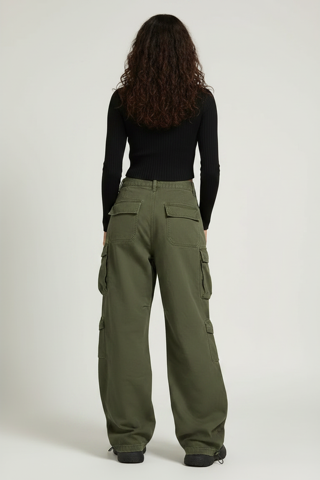 Pantalon Parachute Kaki Cargo Ample Multi-poches Femme - Toile - vue 2