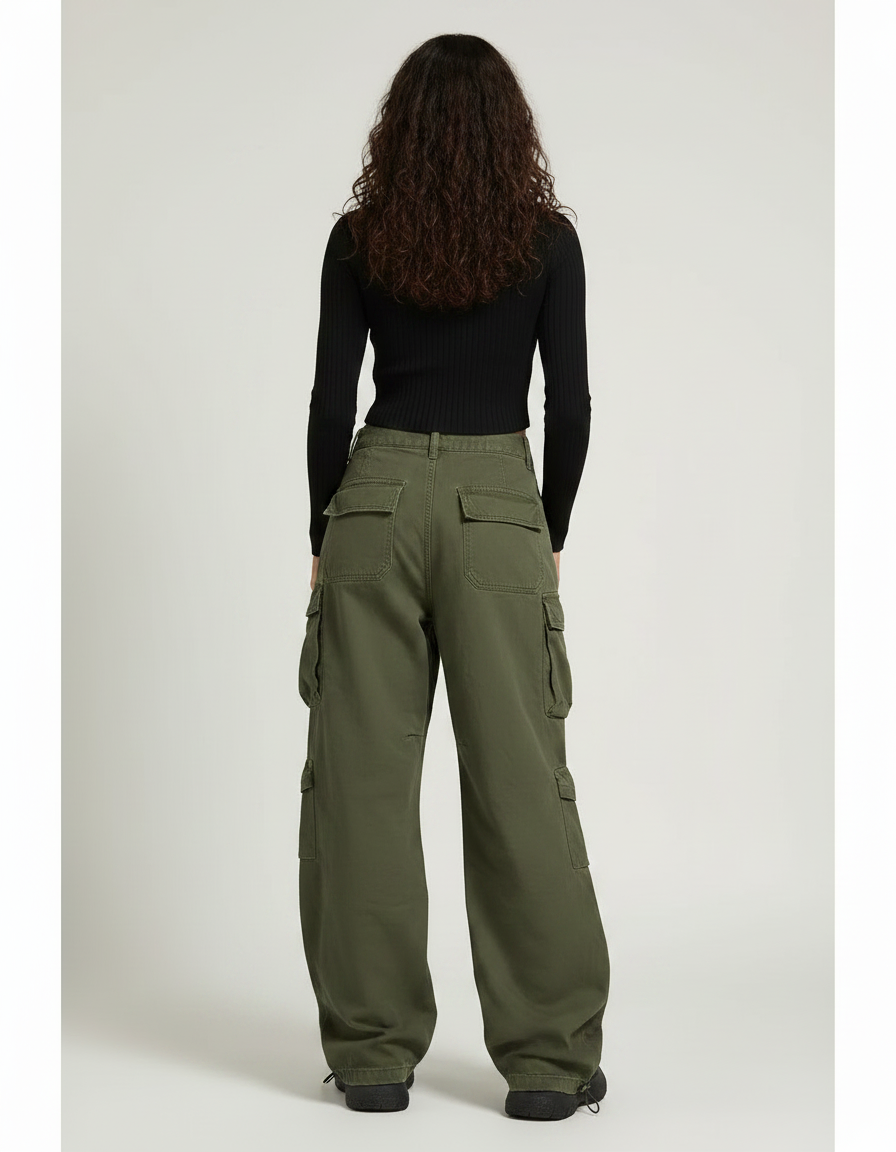 Pantalon Parachute Kaki Cargo Ample Multi-poches Femme - Toile - vue 2