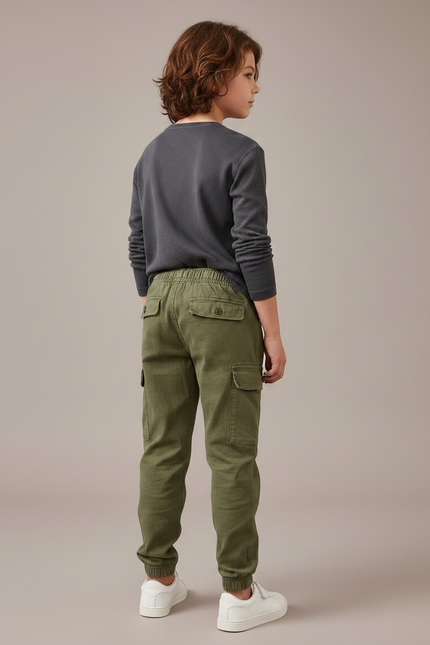 Pantalon Parachute Kaki Cargo Garçon Streetwear Coton - vue 2