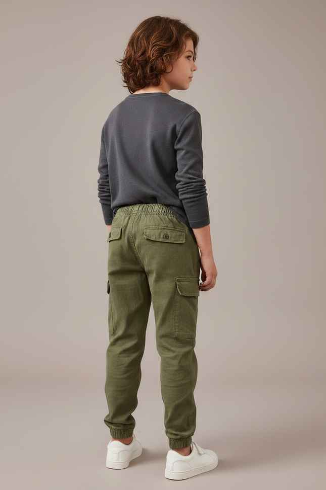Pantalon Parachute Kaki Cargo Garçon Streetwear Coton - vue 2