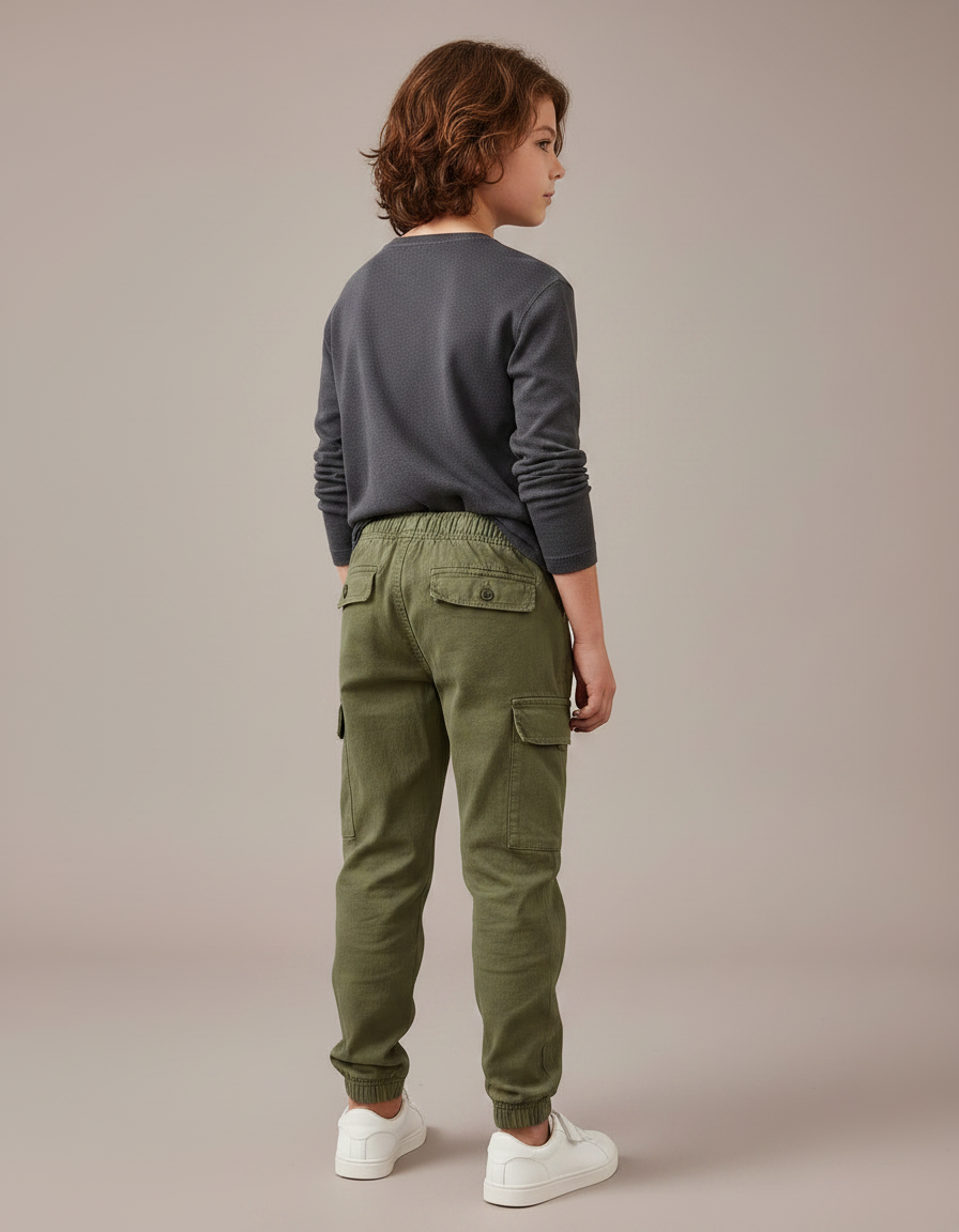 Pantalon Parachute Kaki Cargo Garçon Streetwear Coton - vue 2