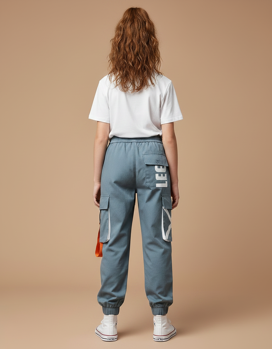 Pantalon Parachute Kaki Cargo Imprimé Ample Streetwear - Bleu Toile - vue 2