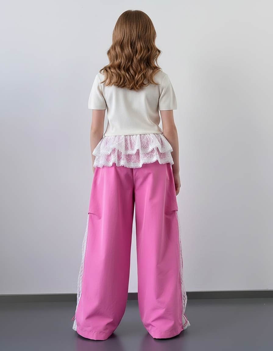 Pantalon Parachute Rose Large Dentelle Enfant - Polyester - vue 2