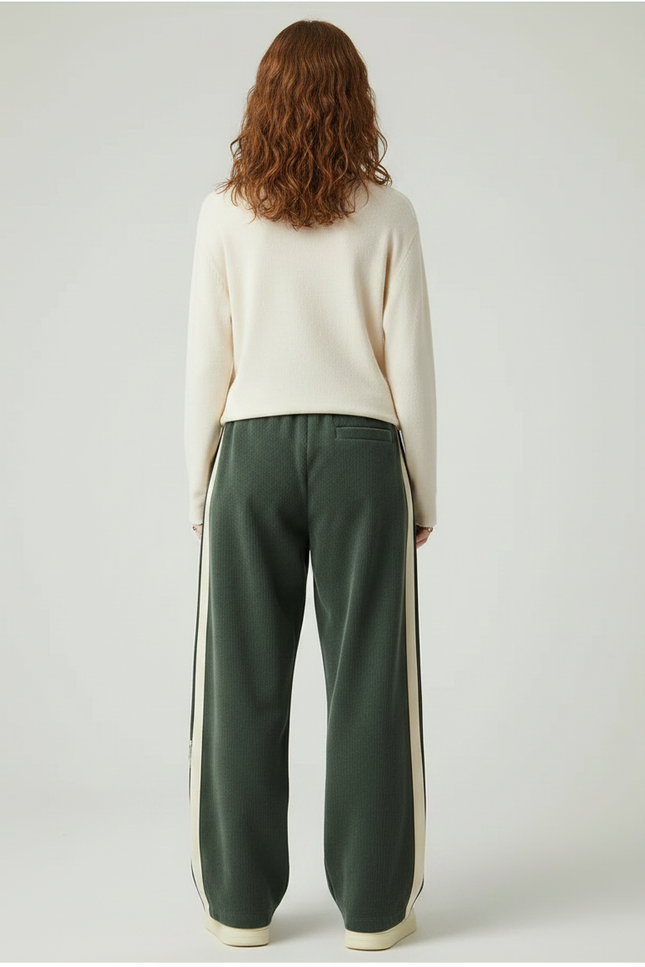 Pantalon Parachute Vert Cordon Large Bandes Crème - Cordé - vue 2