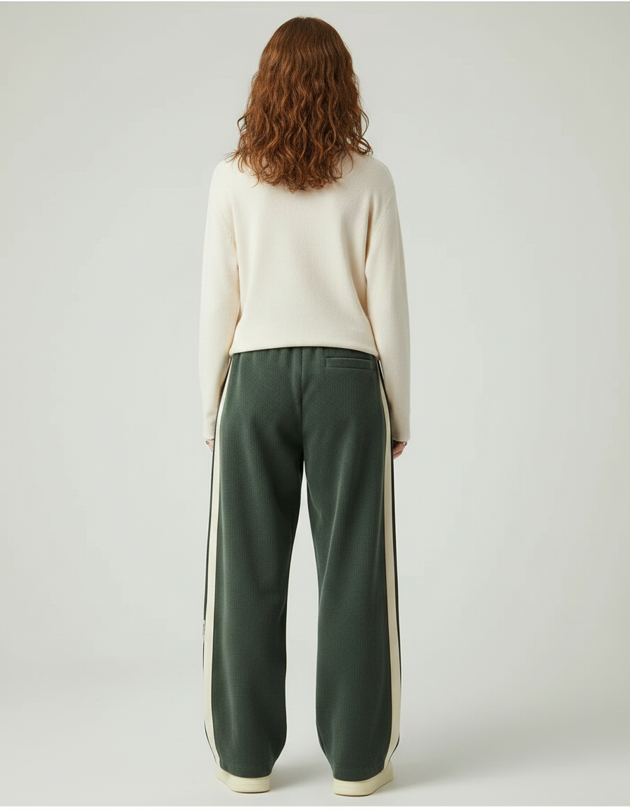 Pantalon Parachute Vert Cordon Large Bandes Crème - Cordé - vue 2
