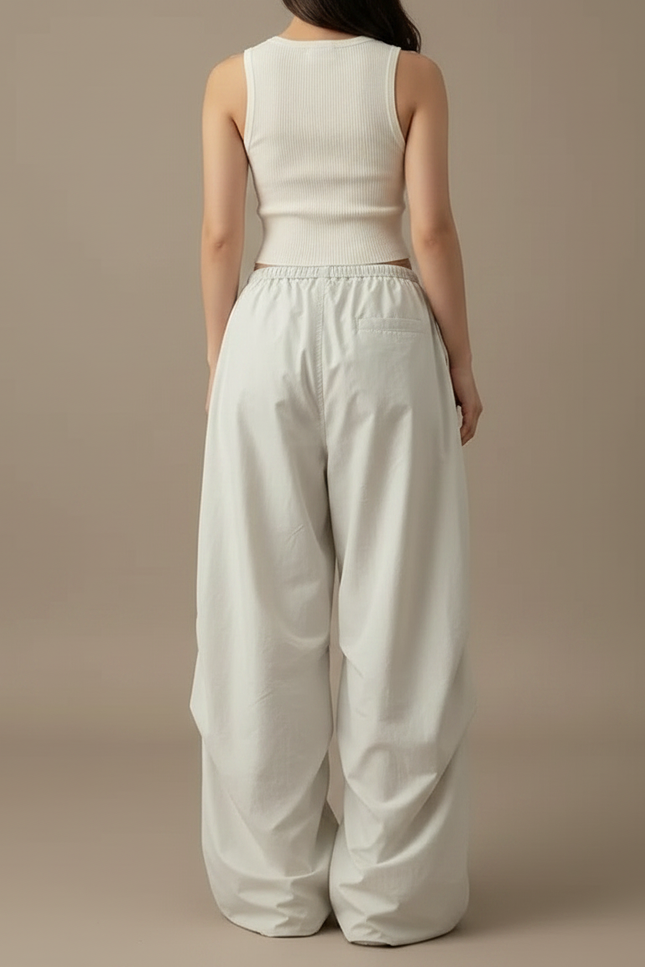 Pantalon Parachute Beige Ample Cargo Fluide Décontracté - Polyester - vue 2