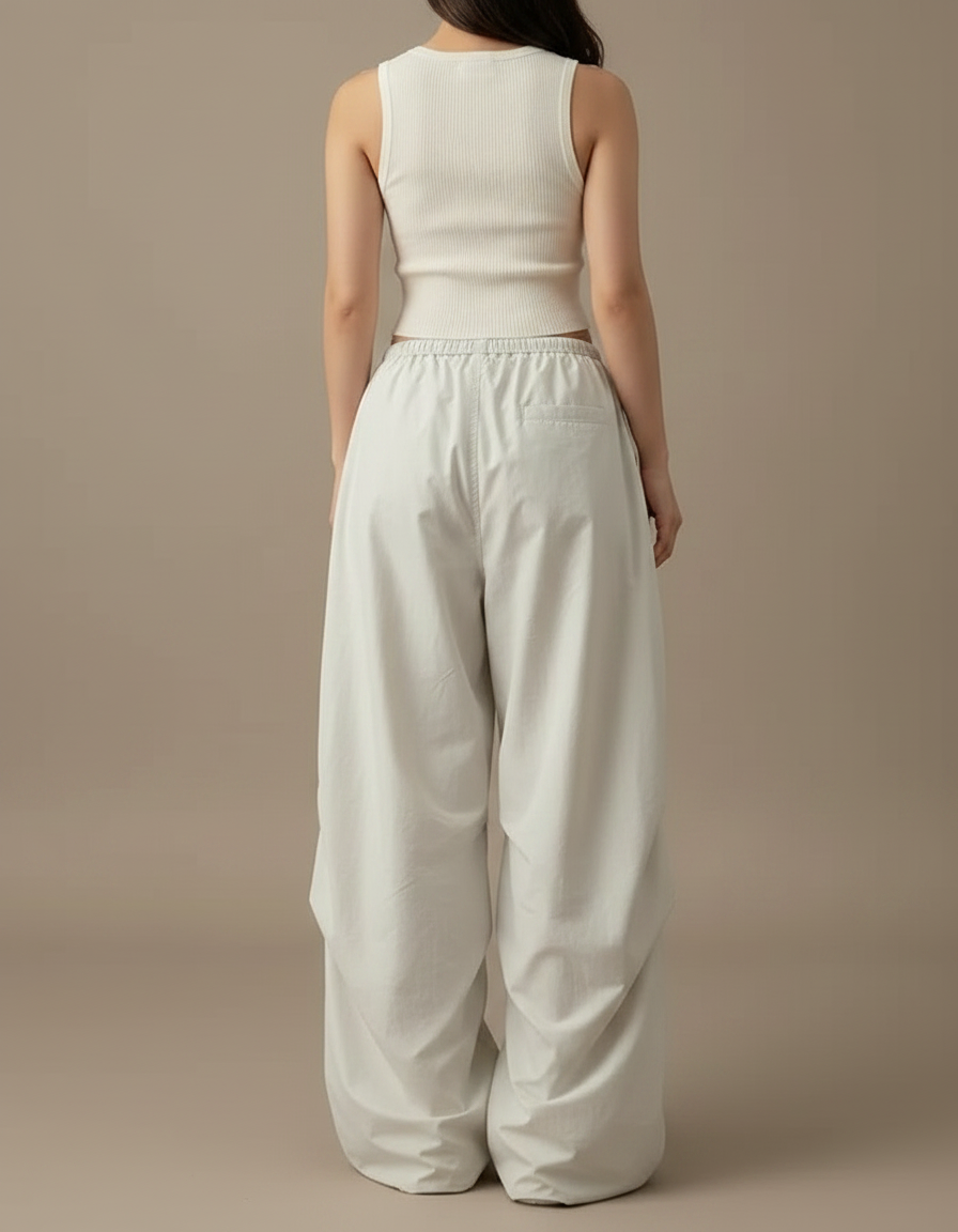 Pantalon Parachute Beige Ample Cargo Fluide Décontracté - Polyester - vue 2
