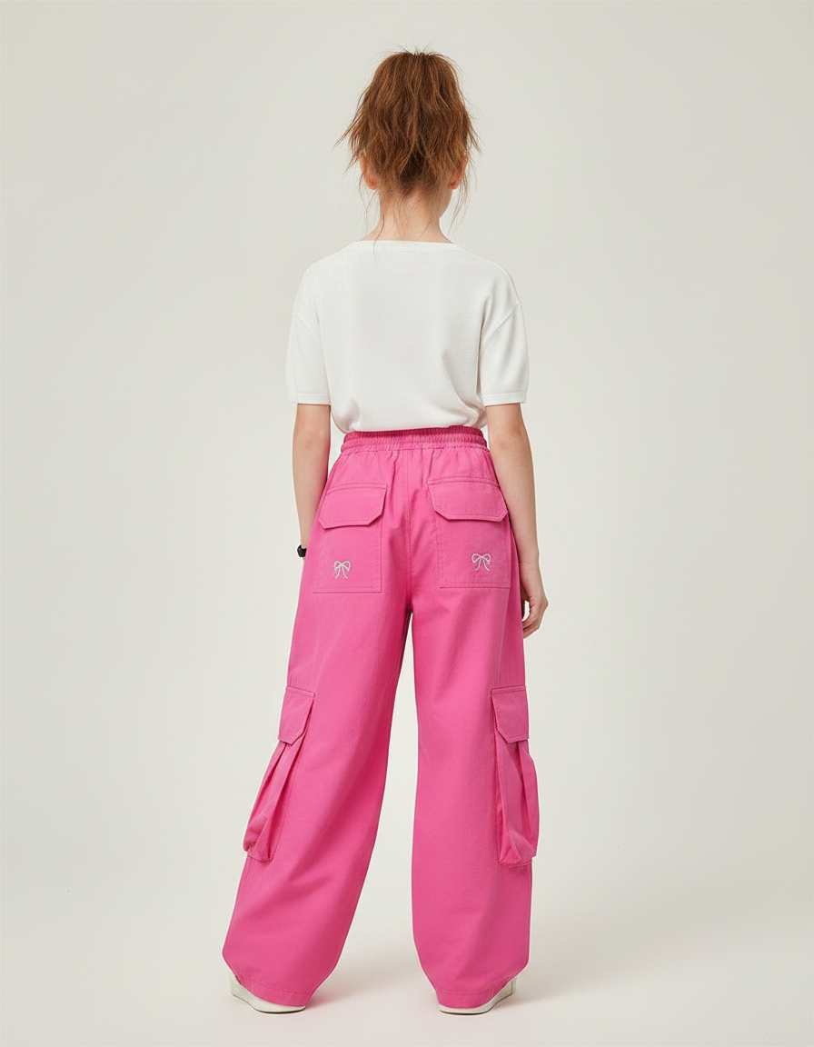 Pantalon Parachute Rose Fille Ample Brodé Cargo - Coton - vue 2