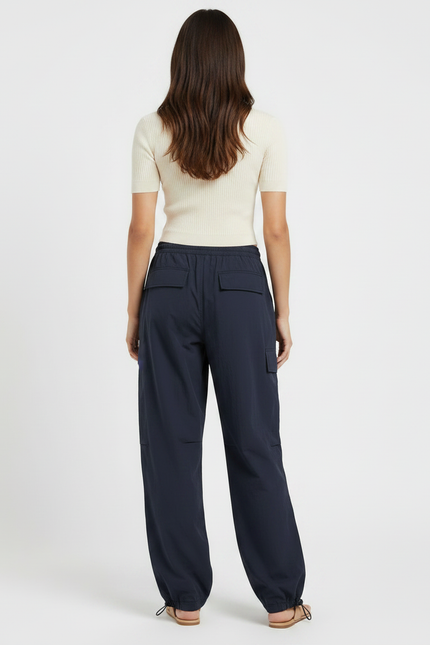 Pantalon Parachute Bleu Marine Ample Cordon Fluide Femme - Polyester - vue 2
