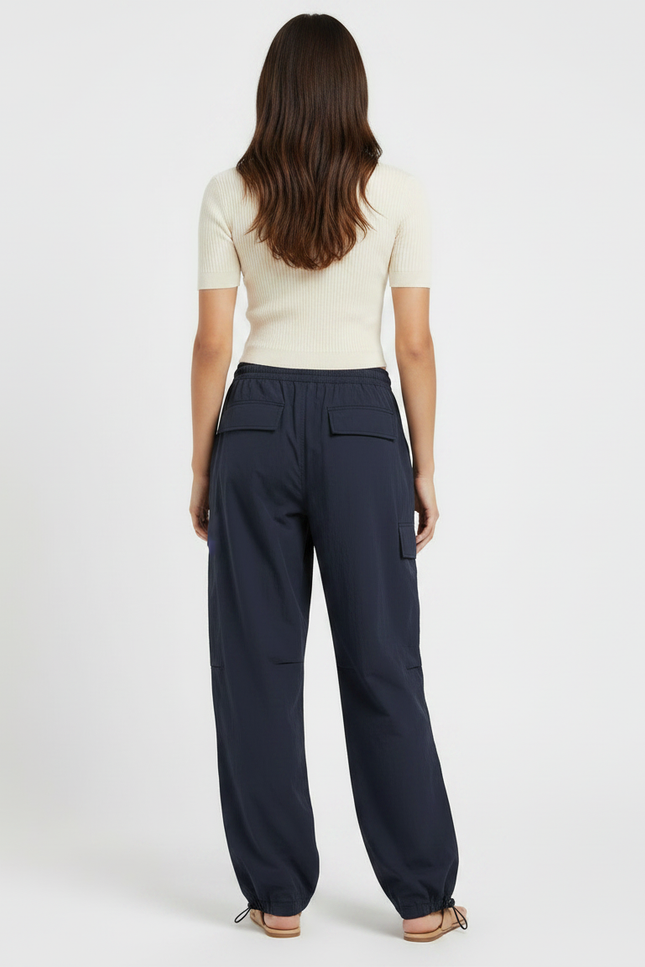 Pantalon Parachute Bleu Marine Ample Cordon Fluide Femme - Polyester - vue 2