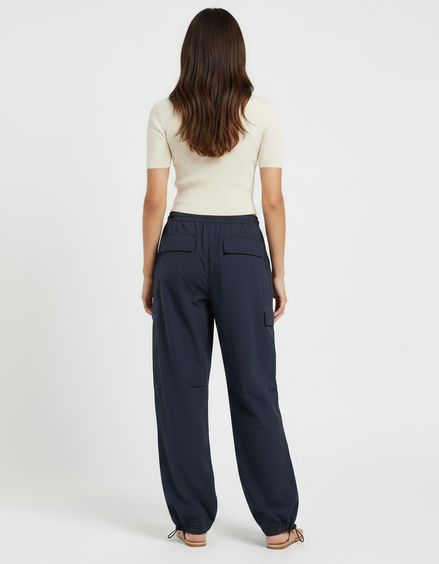 Pantalon Parachute Bleu Marine Ample Cordon Fluide Femme - Polyester - vue 2