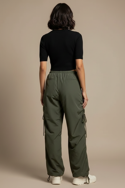Pantalon Parachute Kaki Ample Cordon Décontracté - Polyester - vue 2