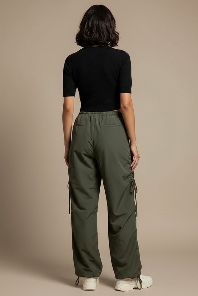 Pantalon Parachute Kaki Ample Cordon Décontracté - Polyester - vue 2