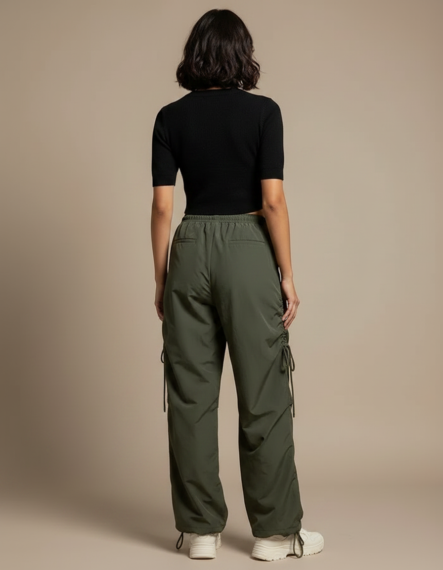 Pantalon Parachute Kaki Ample Cordon Décontracté - Polyester - vue 2