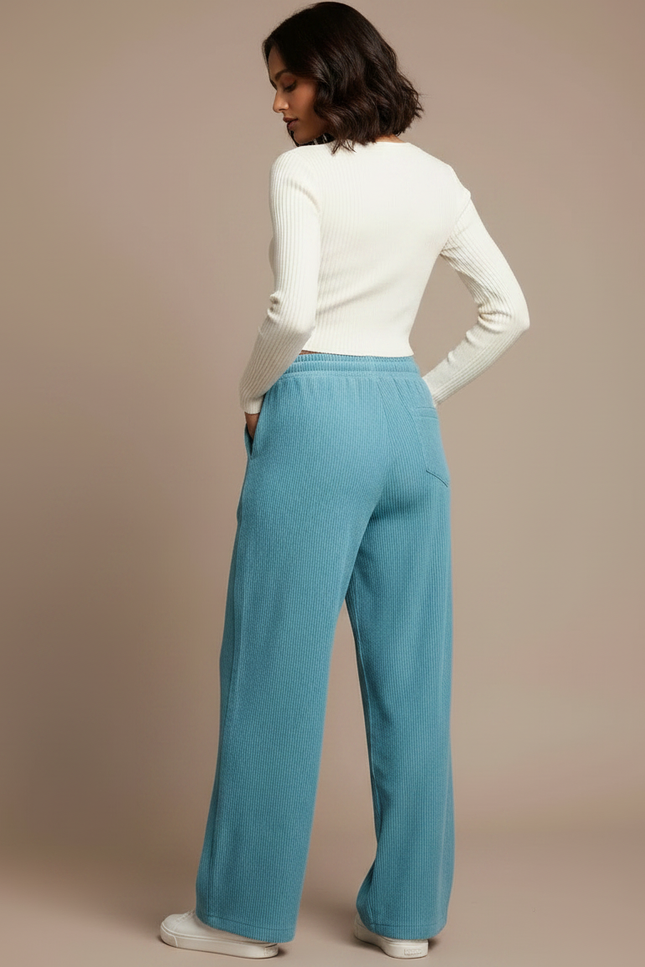 Pantalon Parachute Côtelé Ample Bleu Cordon Confortable - Cordé - vue 2