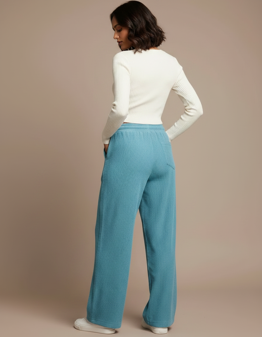 Pantalon Parachute Côtelé Ample Bleu Cordon Confortable - Cordé - vue 2